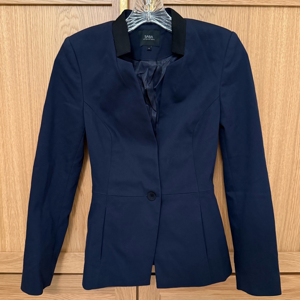 SABA Collarless Navy Blazer with Black Detailing